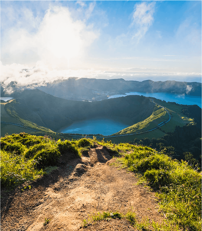 Overlooking beautiful mountain landscapes with lakes.